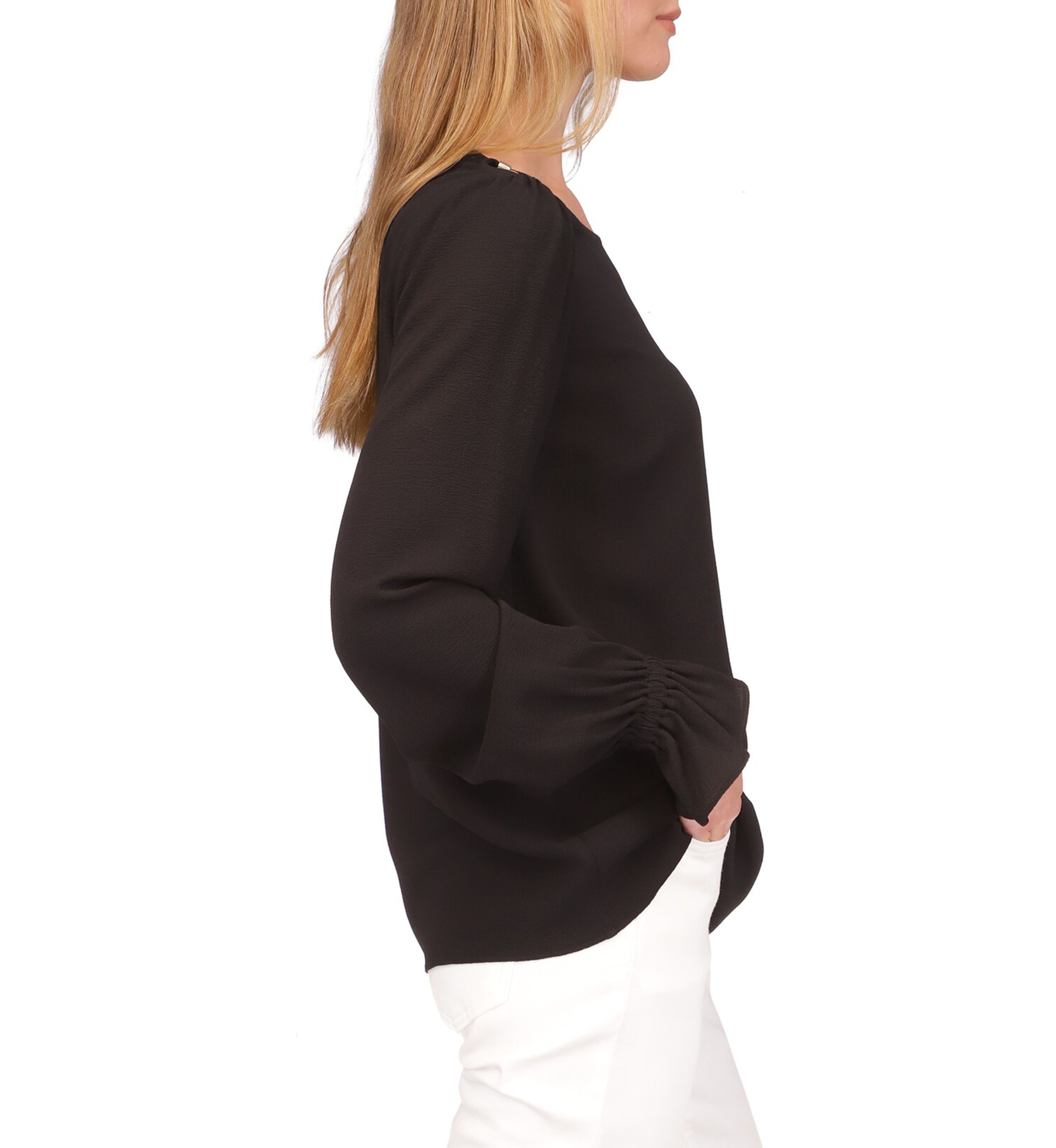 Womens Long Sleeve Solid Cold Shoulder Woven Top