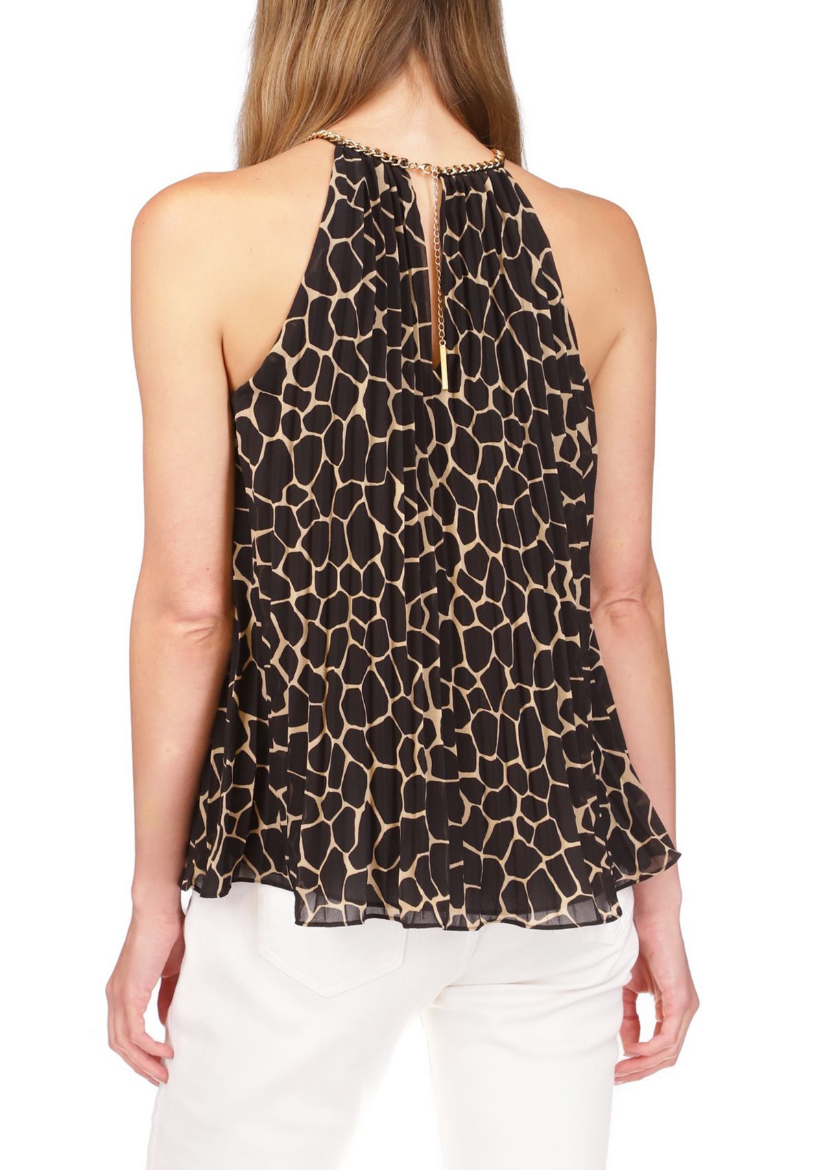 Womens Saturated Mosaic Giraffe Print Pleated Chain Top
