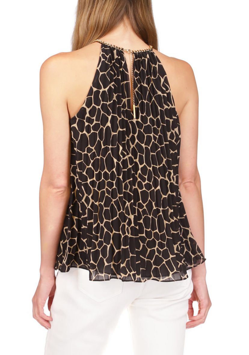 Womens Saturated Mosaic Giraffe Print Pleated Chain Top