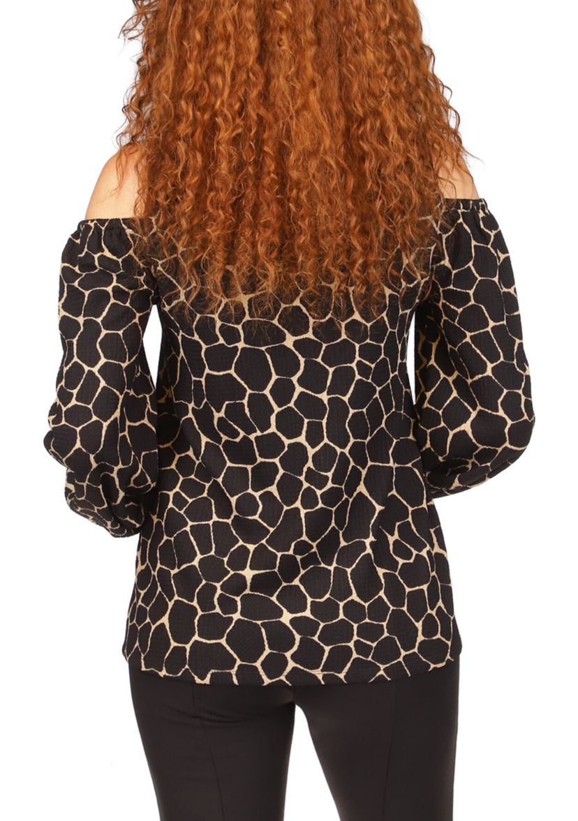 Womens Saturated Mosaic Giraffe Printed Cold Shoulder Top
