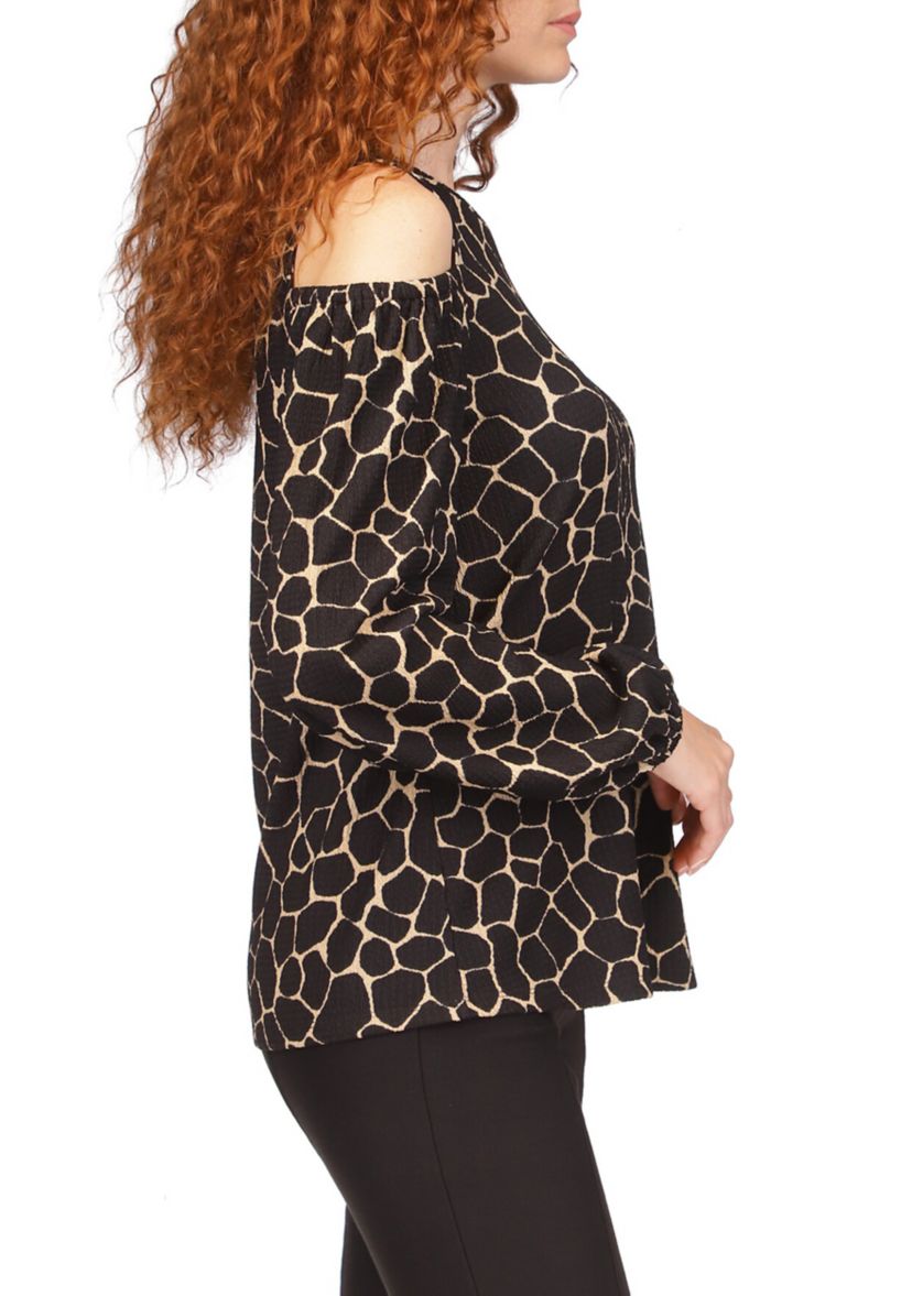 Womens Saturated Mosaic Giraffe Printed Cold Shoulder Top