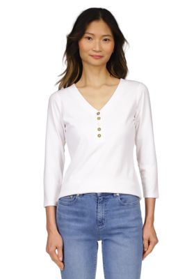 MICHAEL Michael Kors Women's V-Neck Henley Top, White, X-Large -  0196237458209