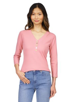 MICHAEL Michael Kors Women's V-Neck Henley Top, Dusty Rose, Medium -  0196237458537