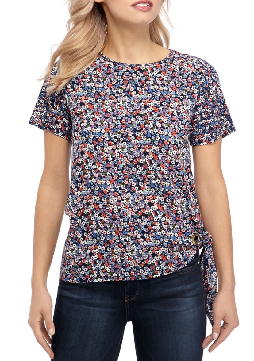Womens Dainty Floral Side Tie Mix Media Top