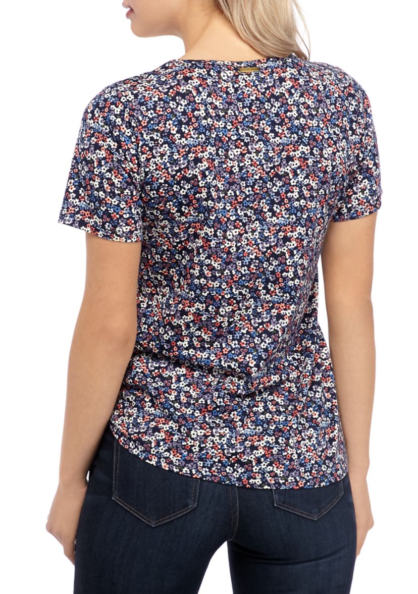 Womens Dainty Floral Side Tie Mix Media Top