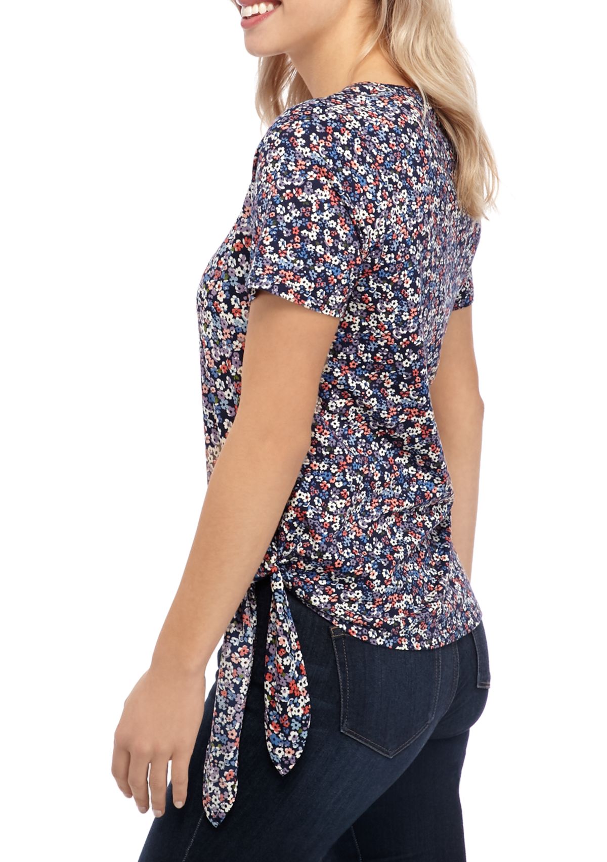 Womens Dainty Floral Side Tie Mix Media Top