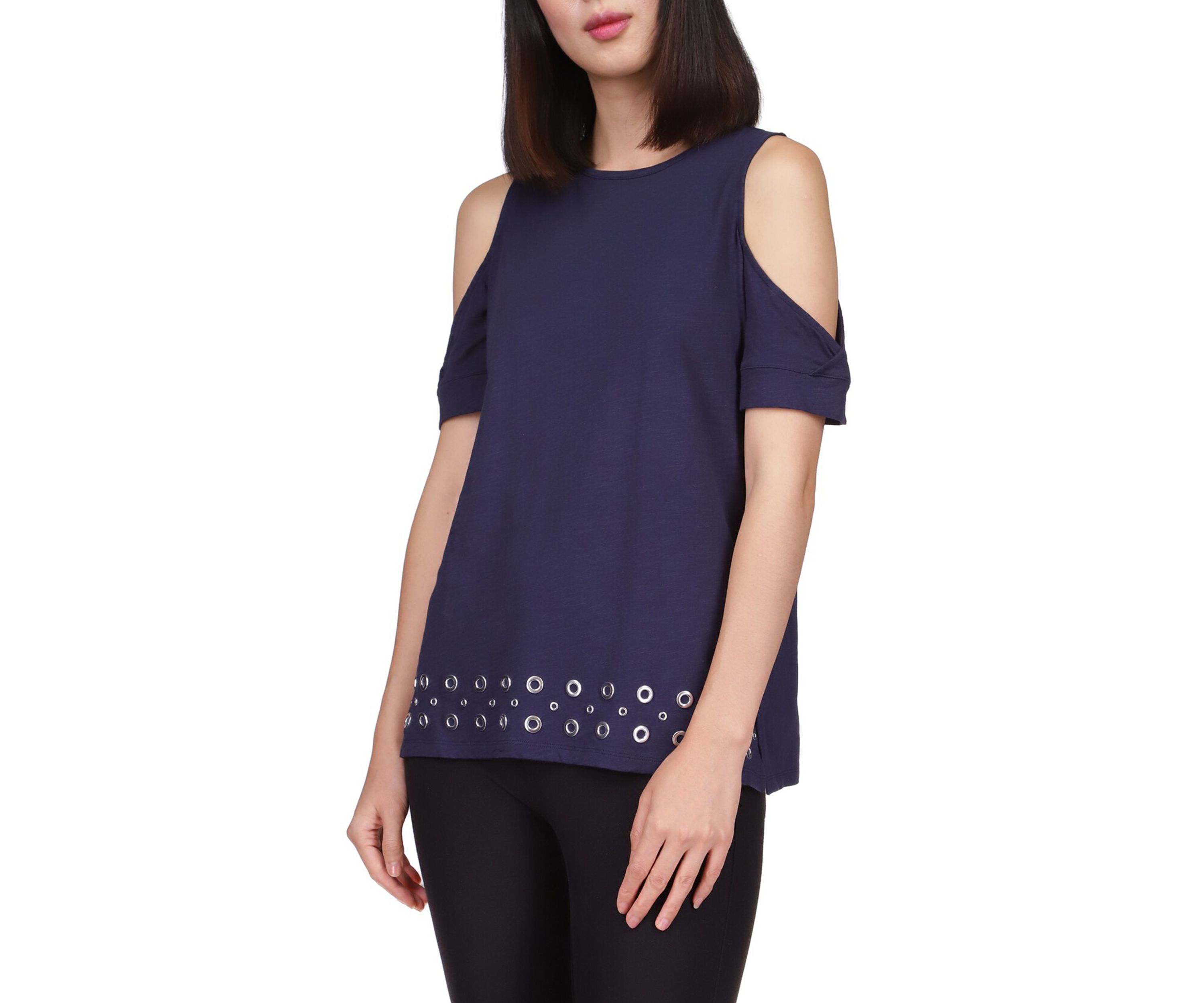 Womens Cold Shoulder Grommet Hem Top