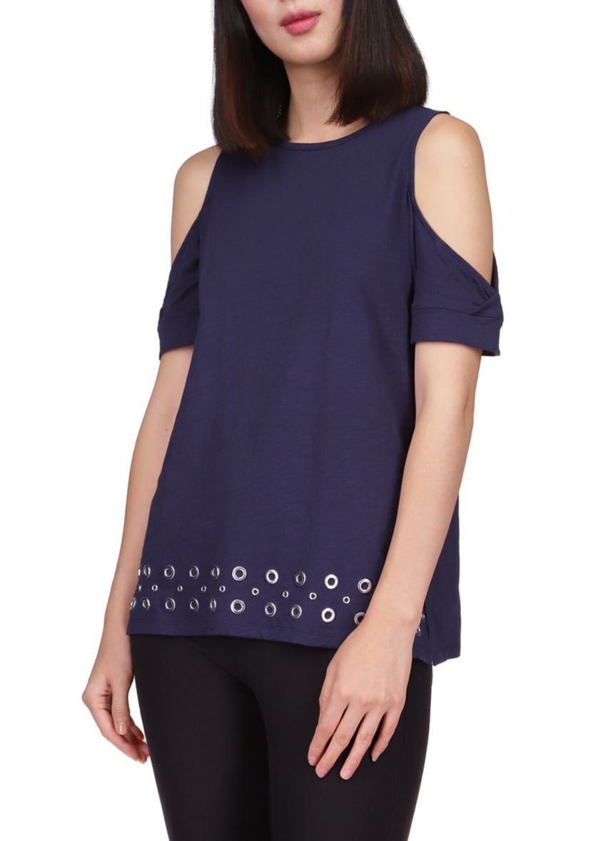 Womens Cold Shoulder Grommet Hem Top