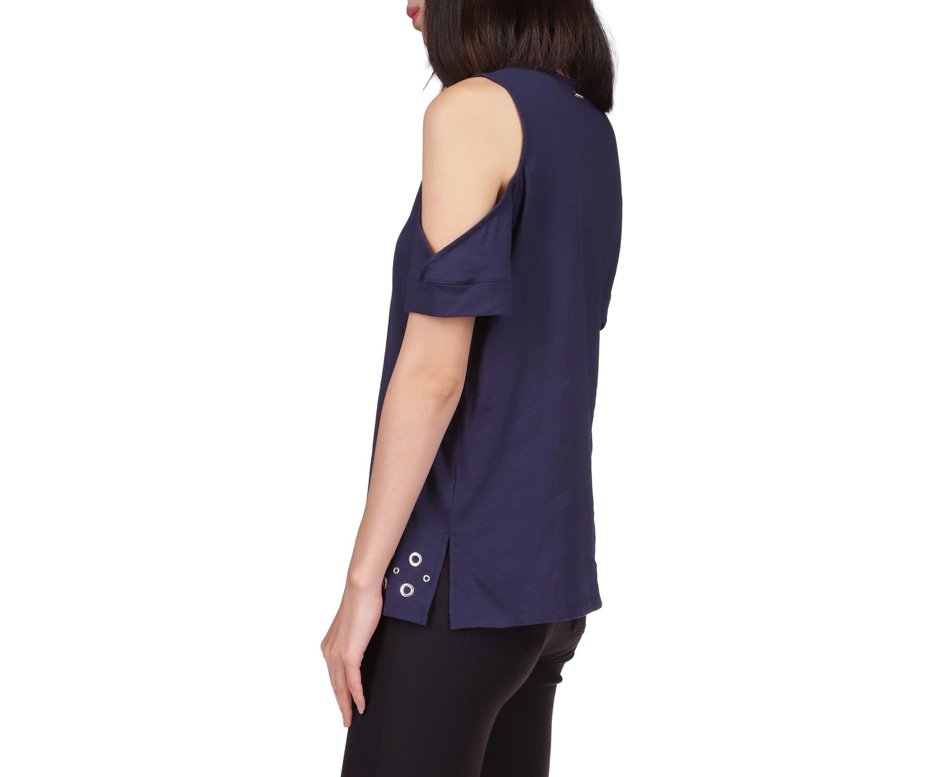 Womens Cold Shoulder Grommet Hem Top