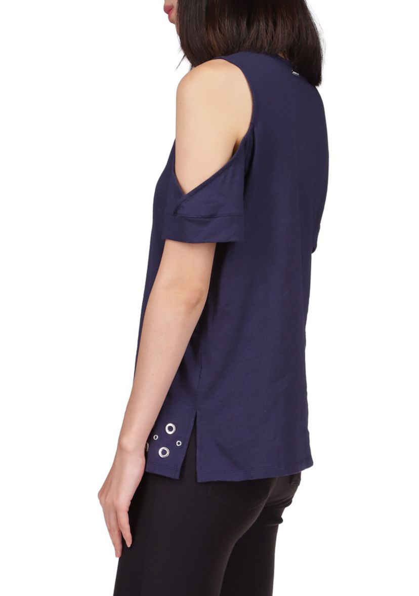 Womens Cold Shoulder Grommet Hem Top