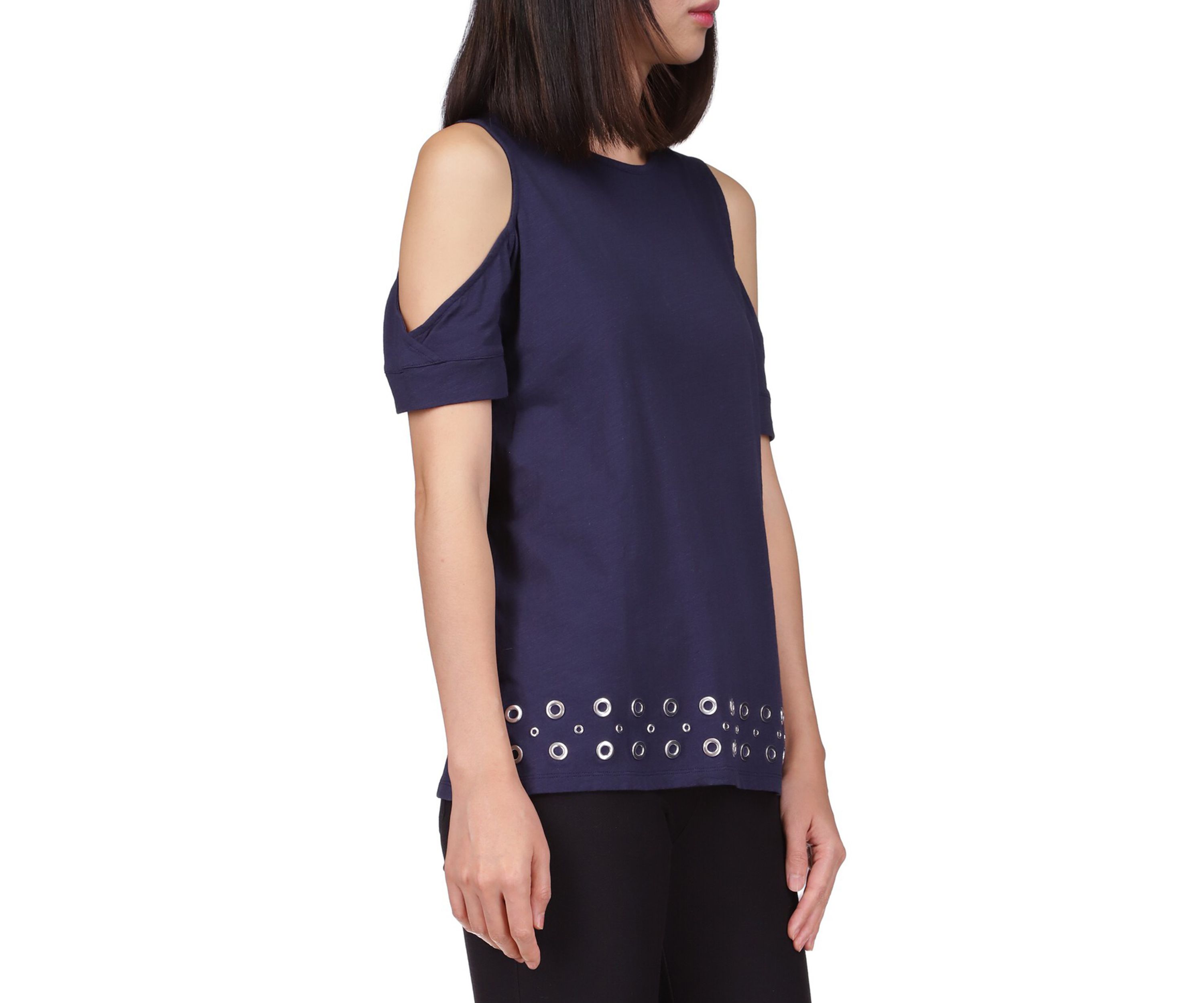 Womens Cold Shoulder Grommet Hem Top