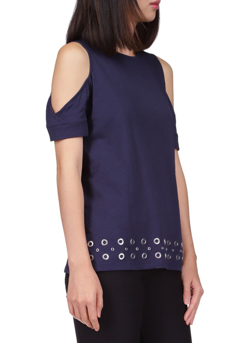 Womens Cold Shoulder Grommet Hem Top