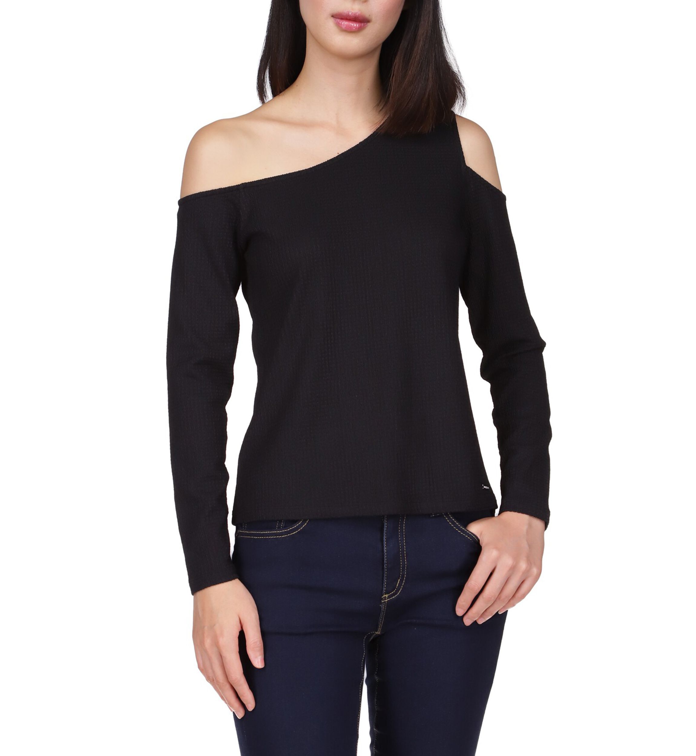 Womens Asymmetrical Neck Cold Shoulder Knit Top