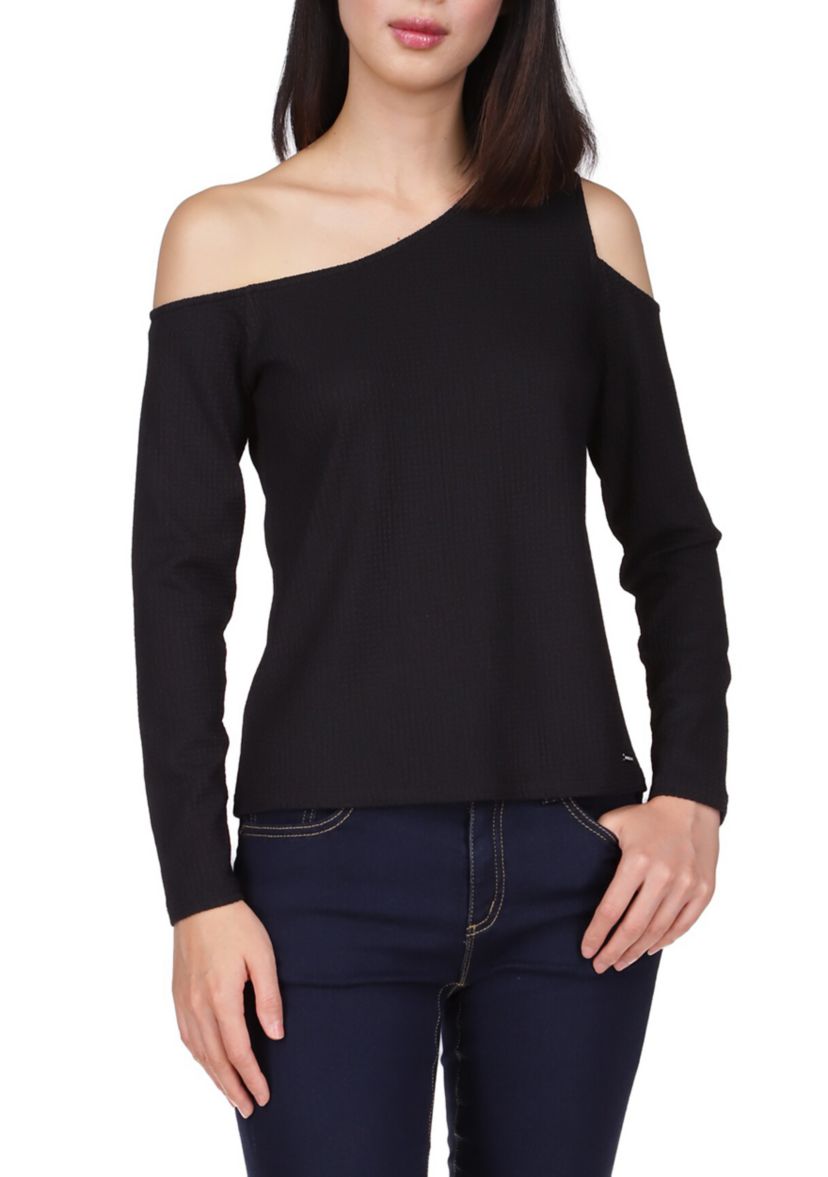Womens Asymmetrical Neck Cold Shoulder Knit Top
