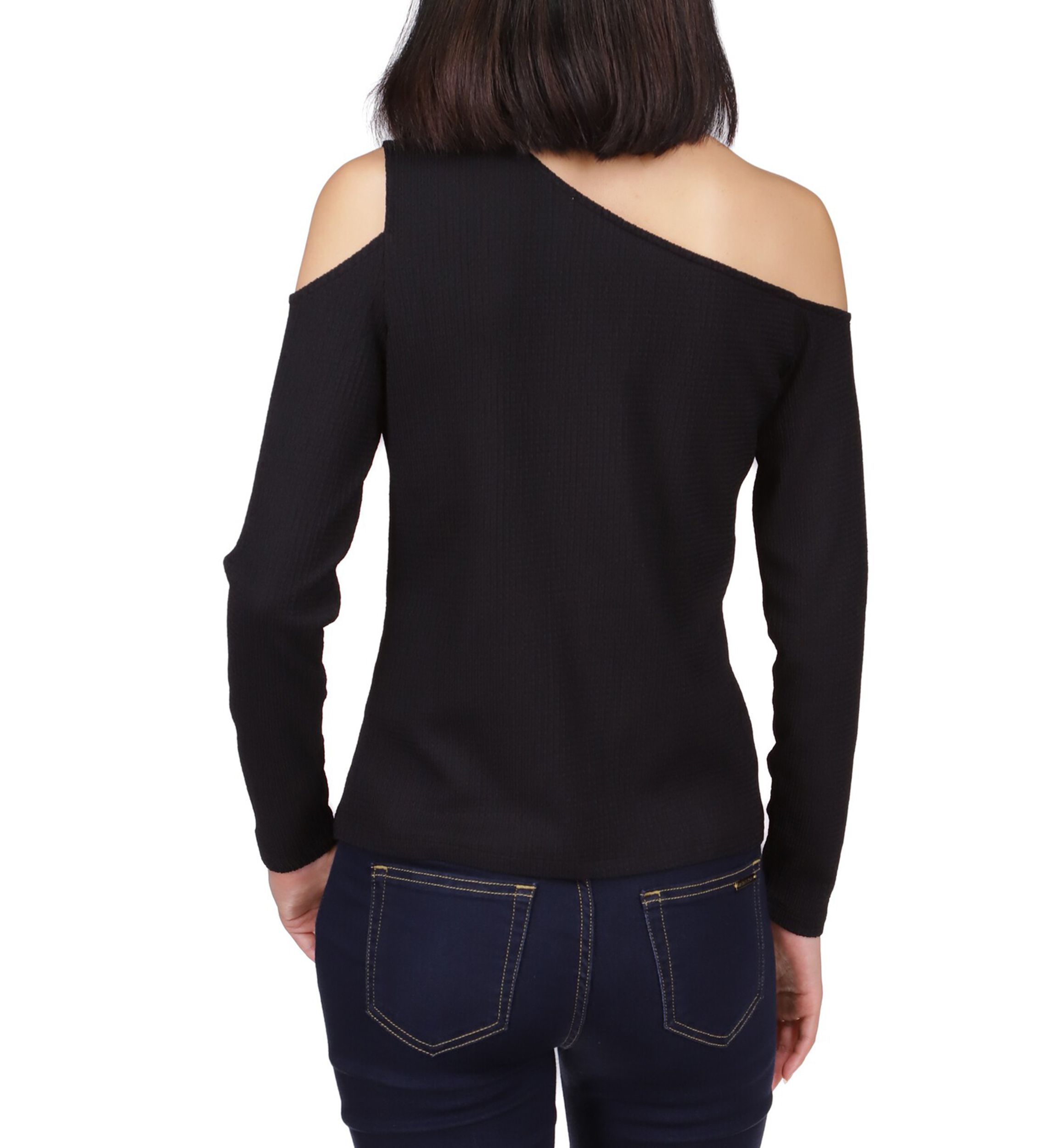 Womens Asymmetrical Neck Cold Shoulder Knit Top