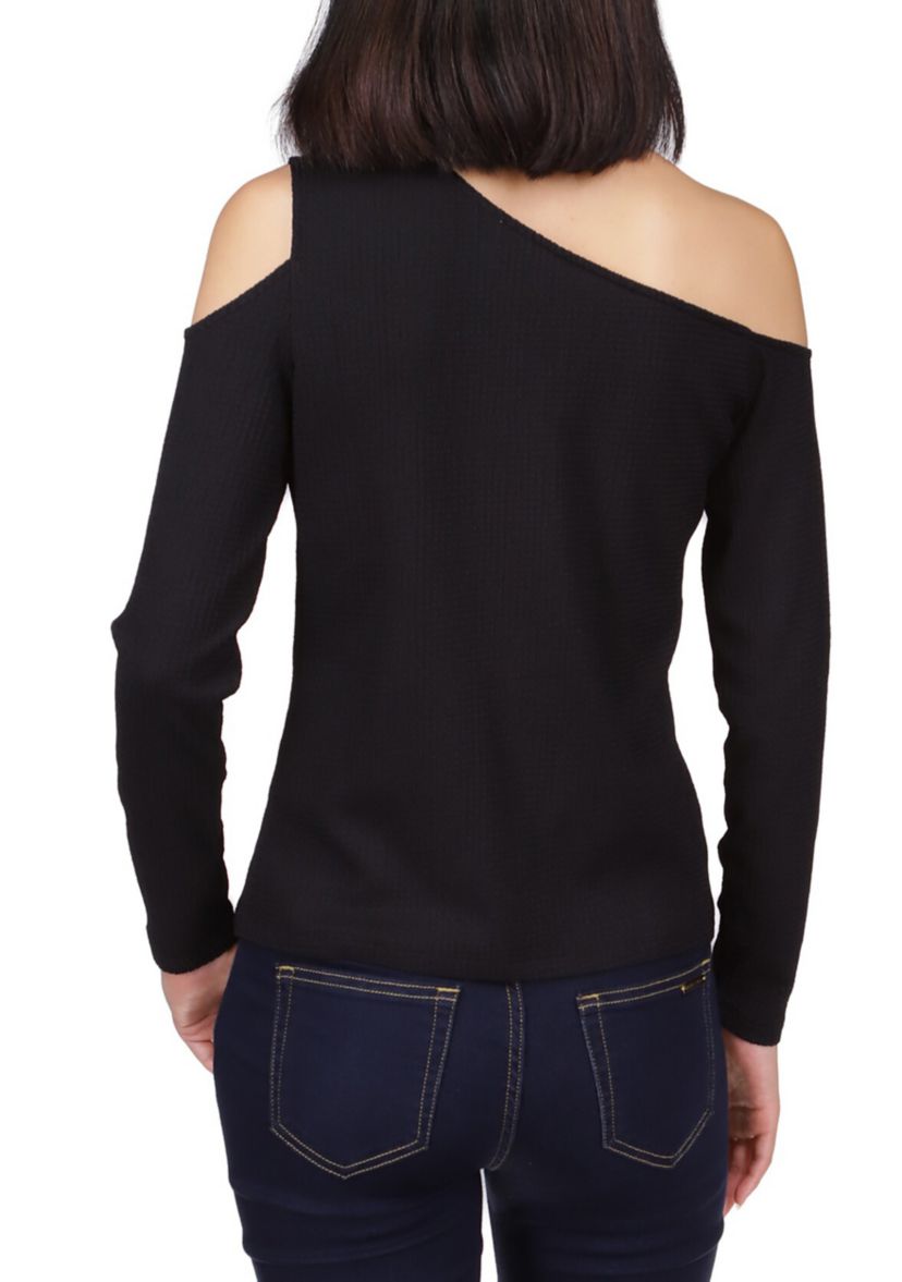 Womens Asymmetrical Neck Cold Shoulder Knit Top