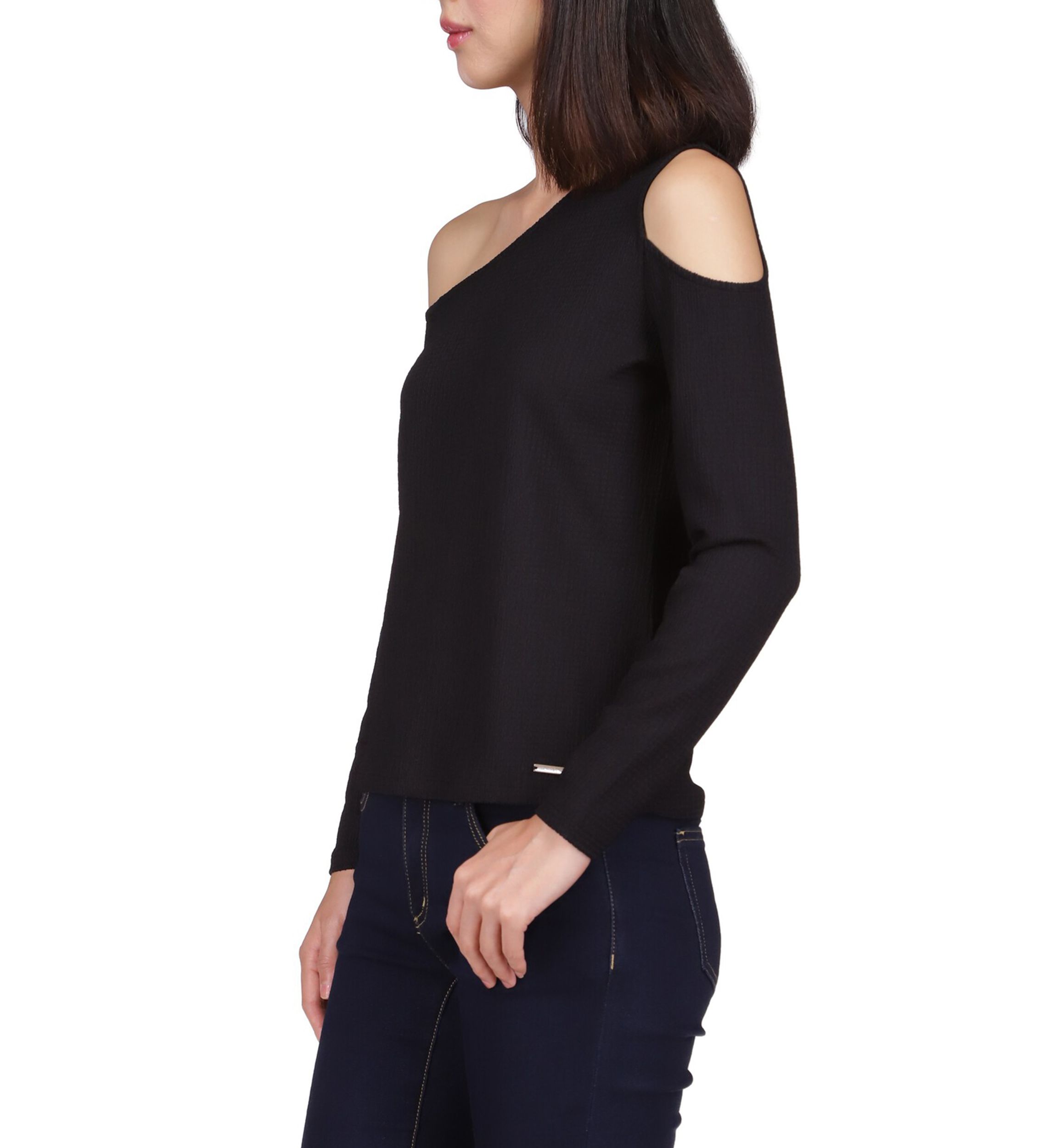 Womens Asymmetrical Neck Cold Shoulder Knit Top