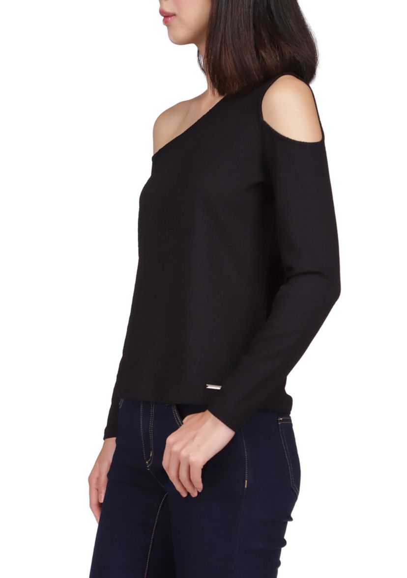 Womens Asymmetrical Neck Cold Shoulder Knit Top
