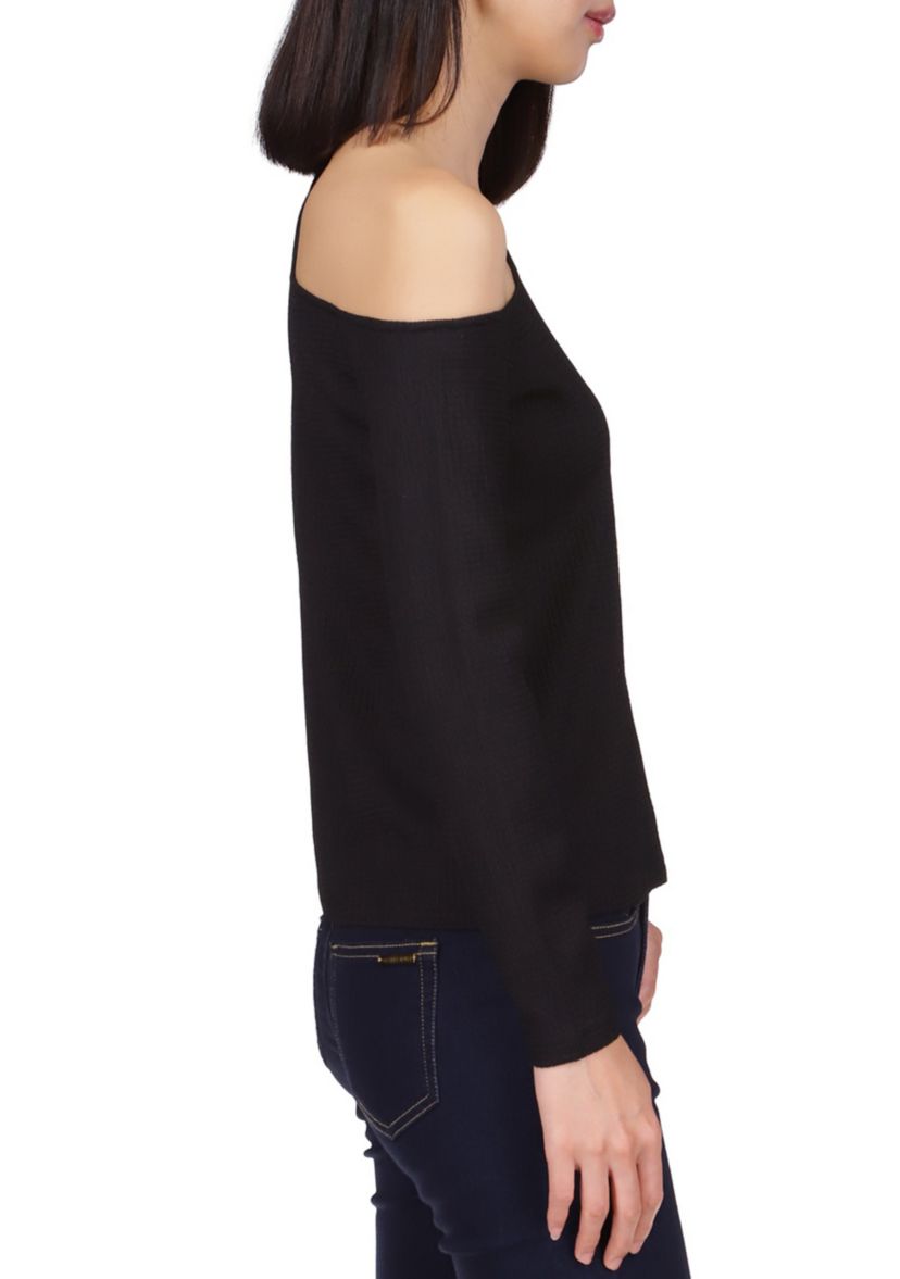 Womens Asymmetrical Neck Cold Shoulder Knit Top