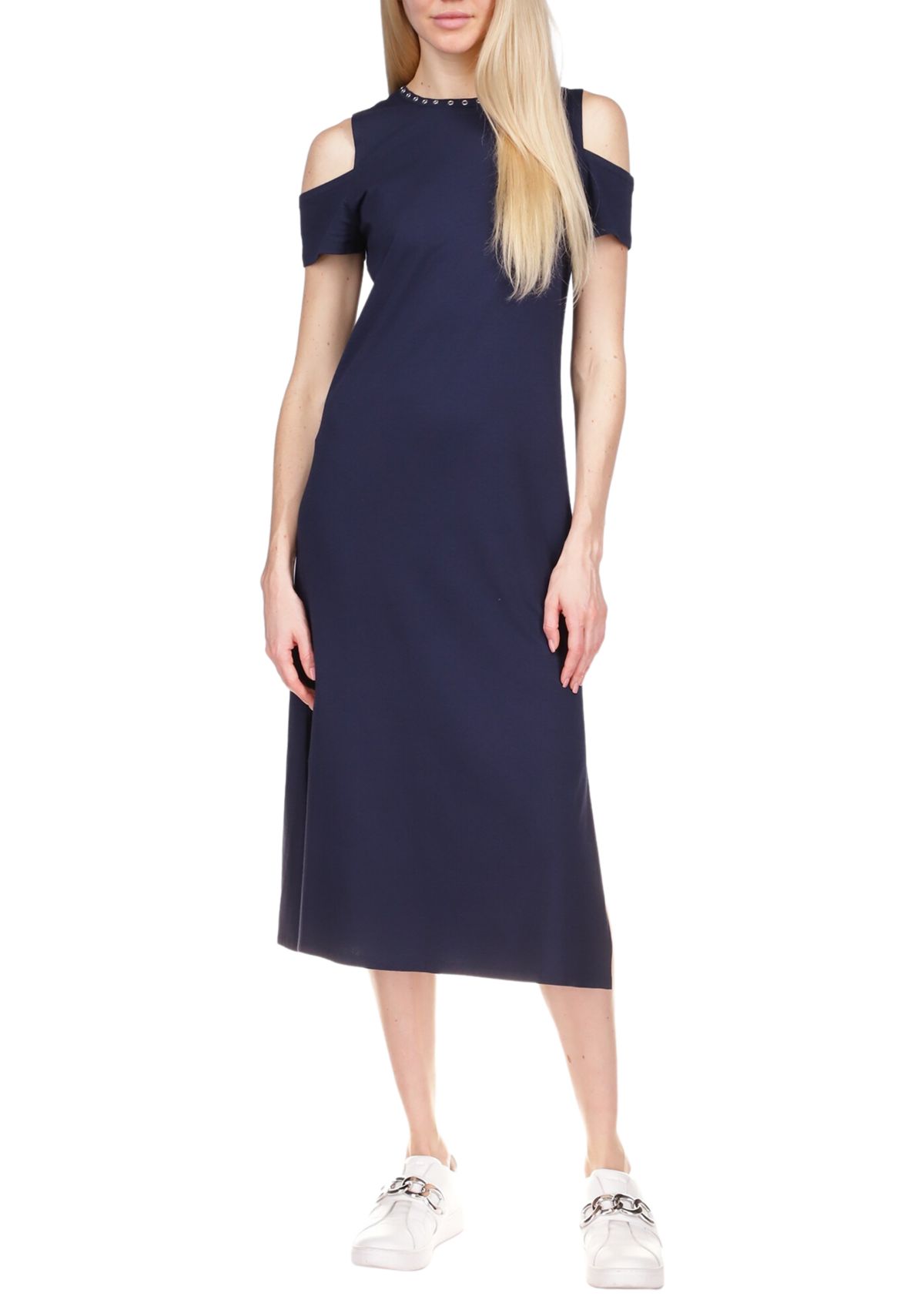 Womens Cold Shoulder Knit Midi Dress