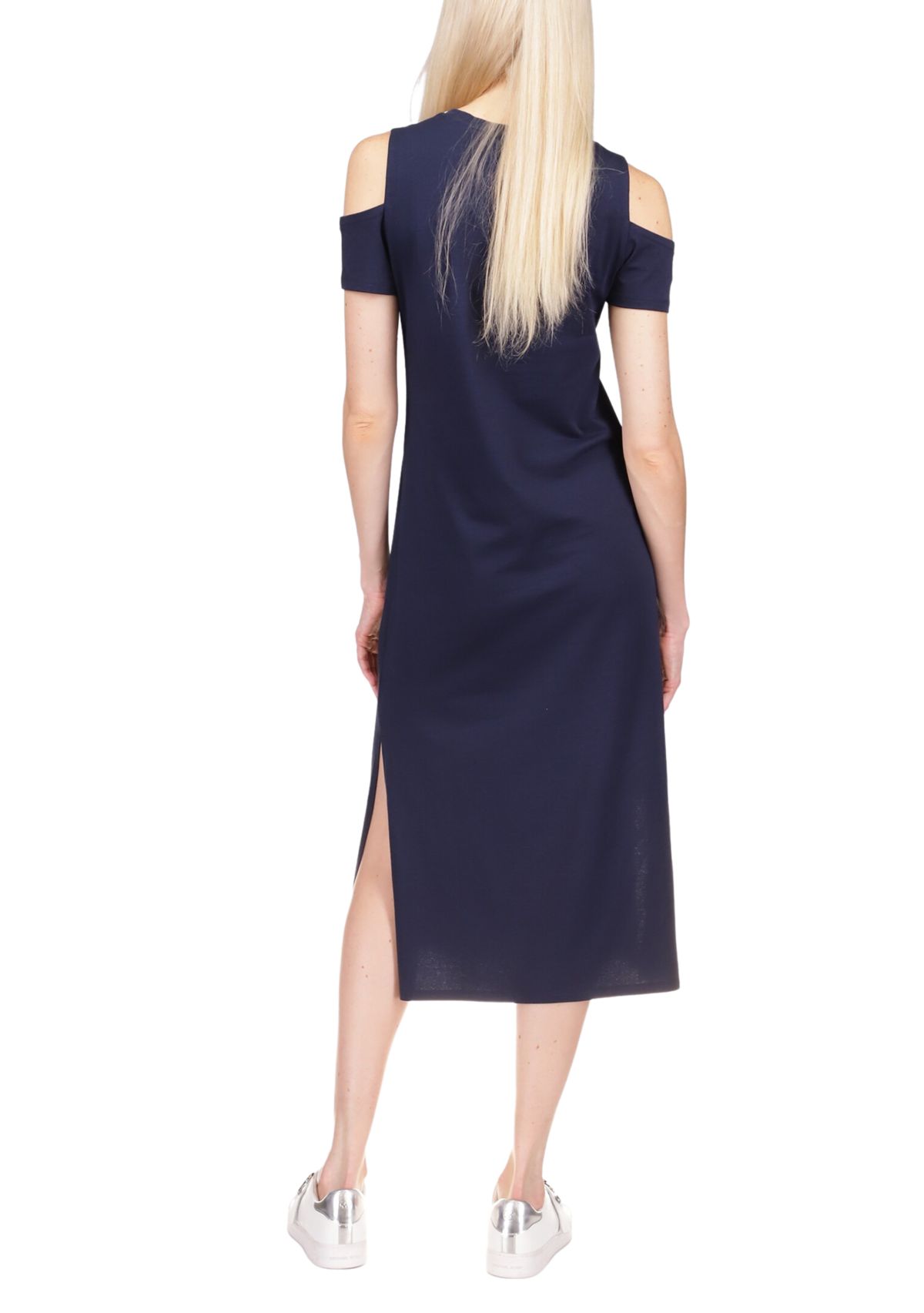 Womens Cold Shoulder Knit Midi Dress