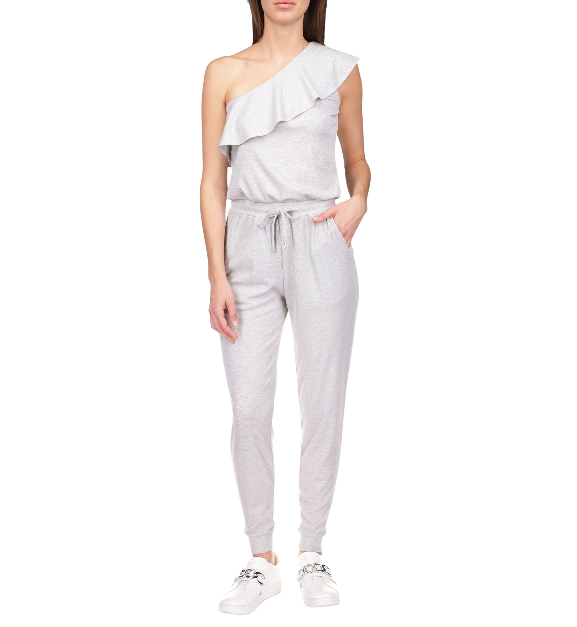 Womens Ruffled One Shoulder Waffle Jumpsuit