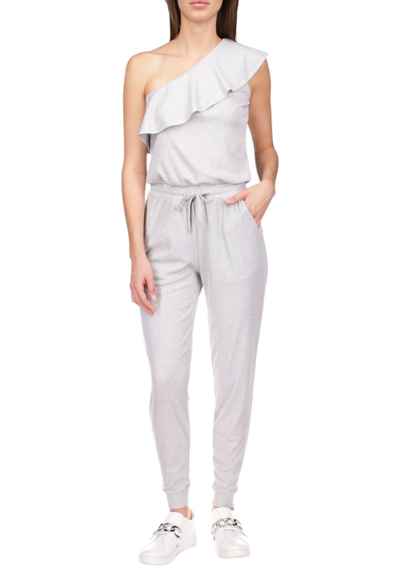 Womens Ruffled One Shoulder Waffle Jumpsuit