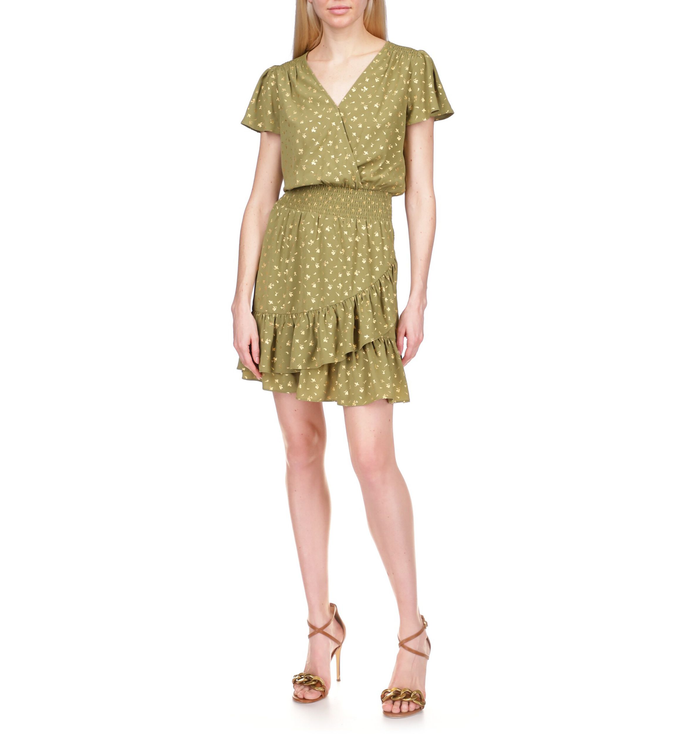 Womens Flutter Sleeve Foil Floral Faux Wrap Dress