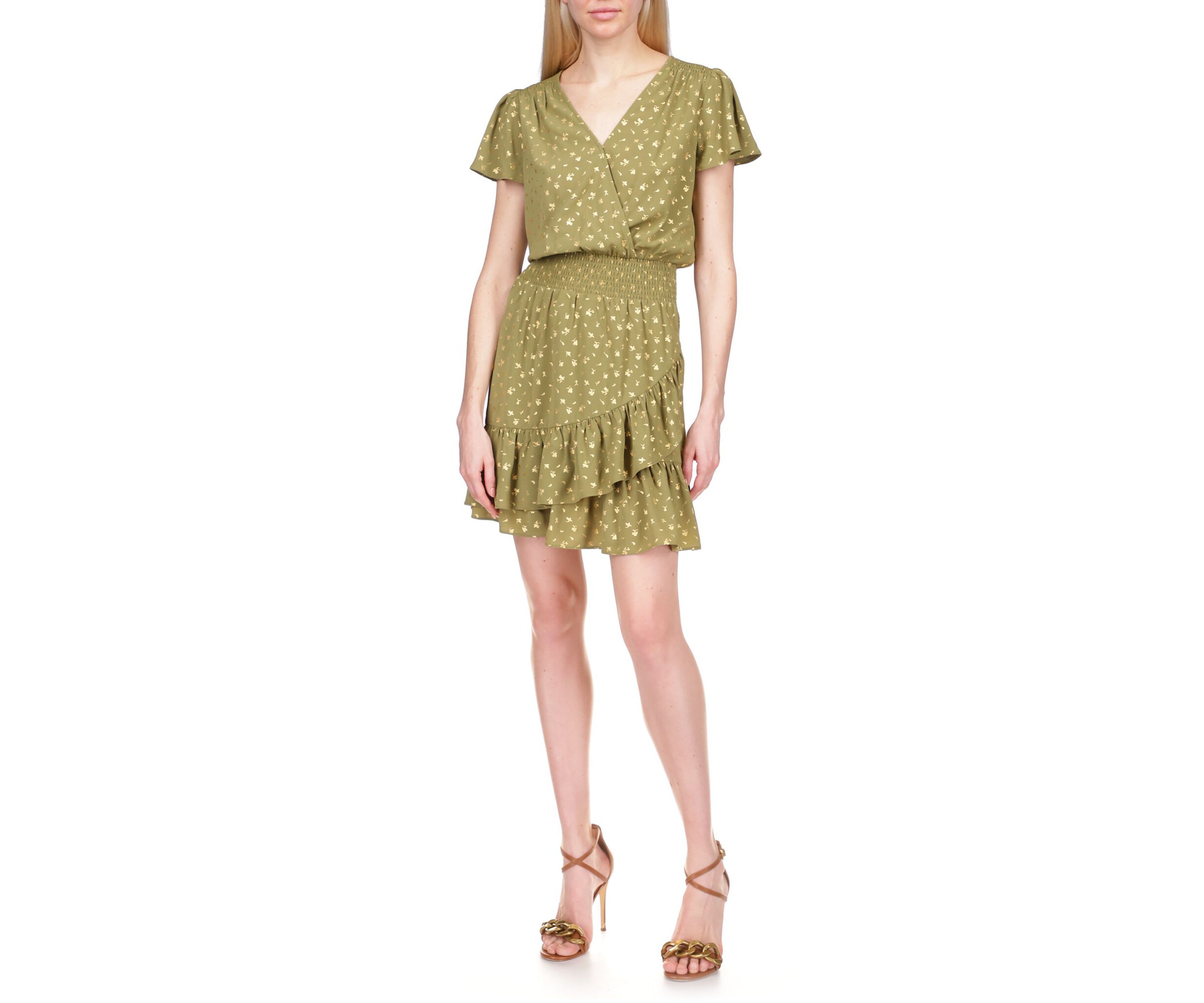 Womens Flutter Sleeve Foil Floral Faux Wrap Dress