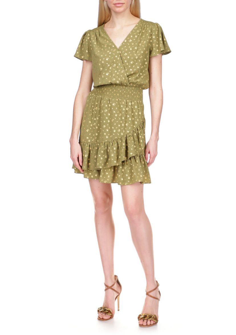 Womens Flutter Sleeve Foil Floral Faux Wrap Dress