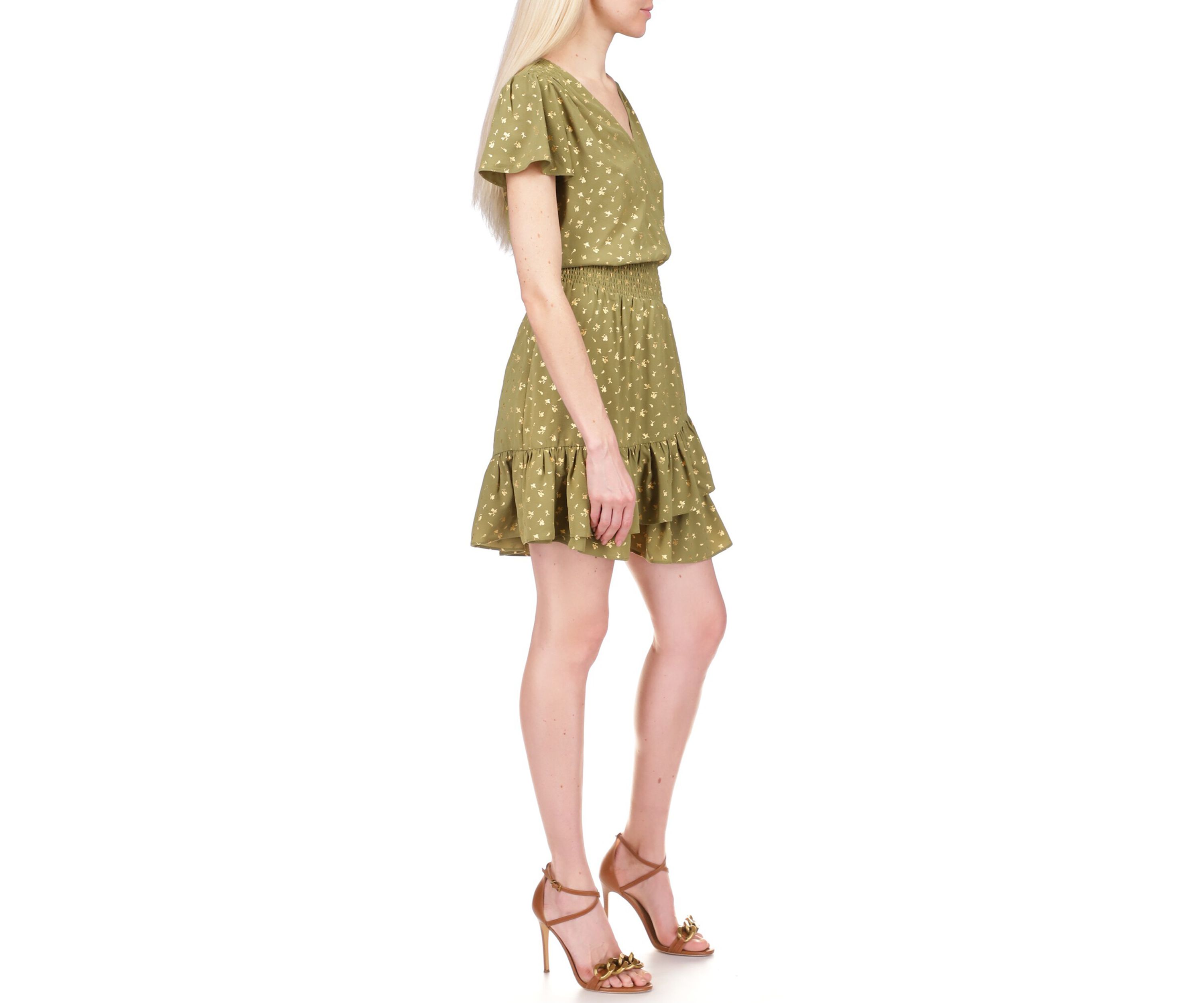 Womens Flutter Sleeve Foil Floral Faux Wrap Dress