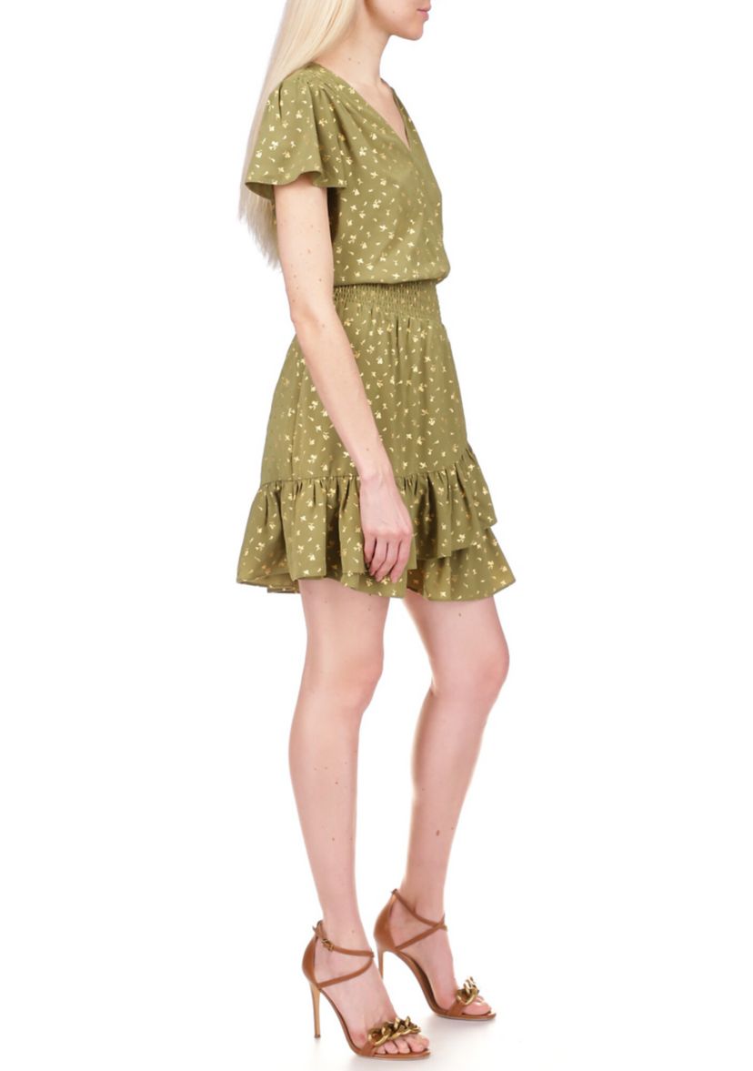 Womens Flutter Sleeve Foil Floral Faux Wrap Dress