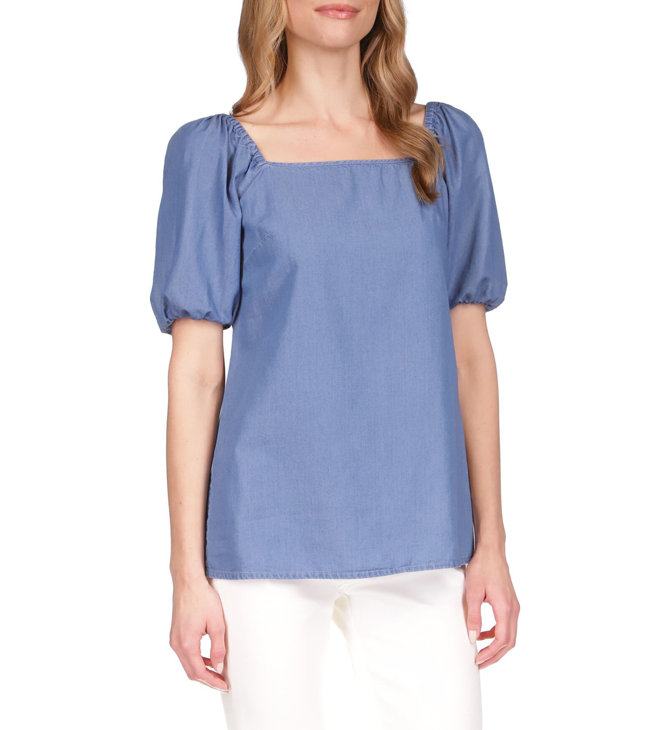Womens Short Sleeve Chambray Square Neck Top