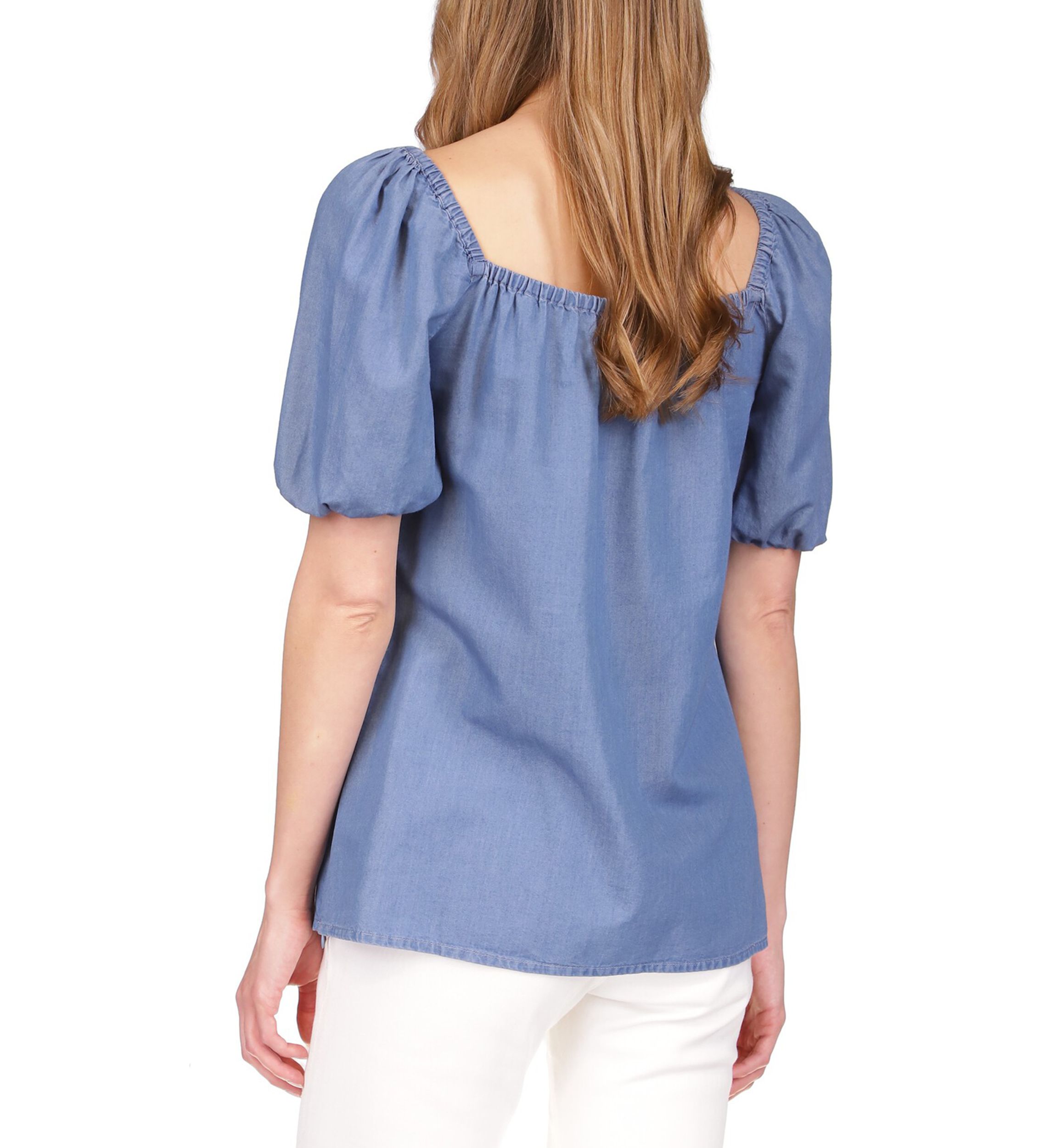 Womens Short Sleeve Chambray Square Neck Top