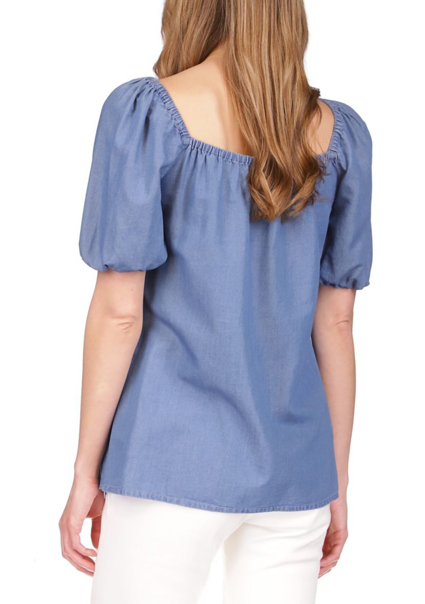 Womens Short Sleeve Chambray Square Neck Top