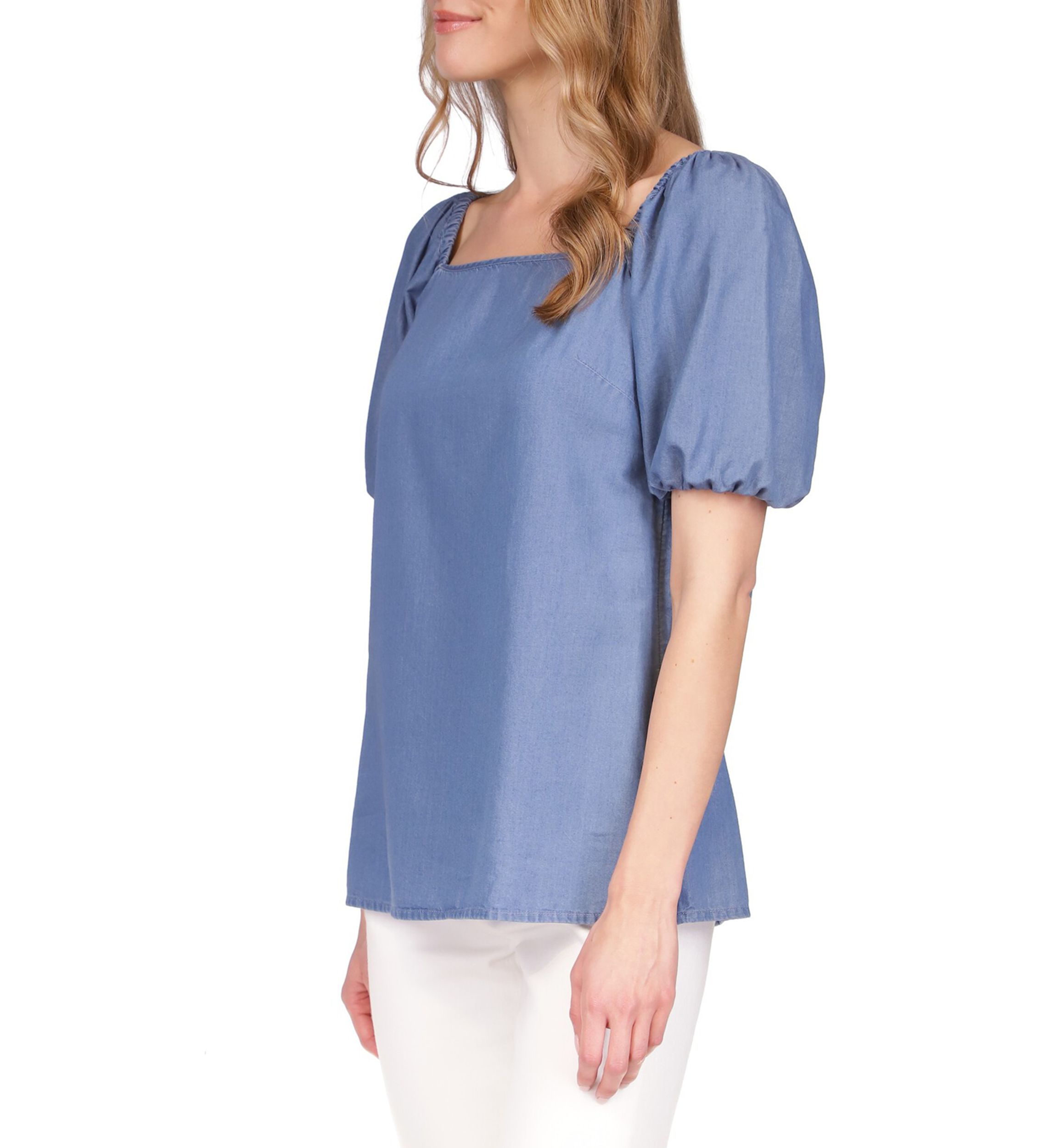 Womens Short Sleeve Chambray Square Neck Top
