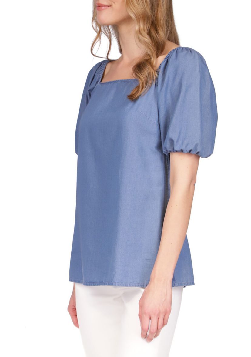 Womens Short Sleeve Chambray Square Neck Top