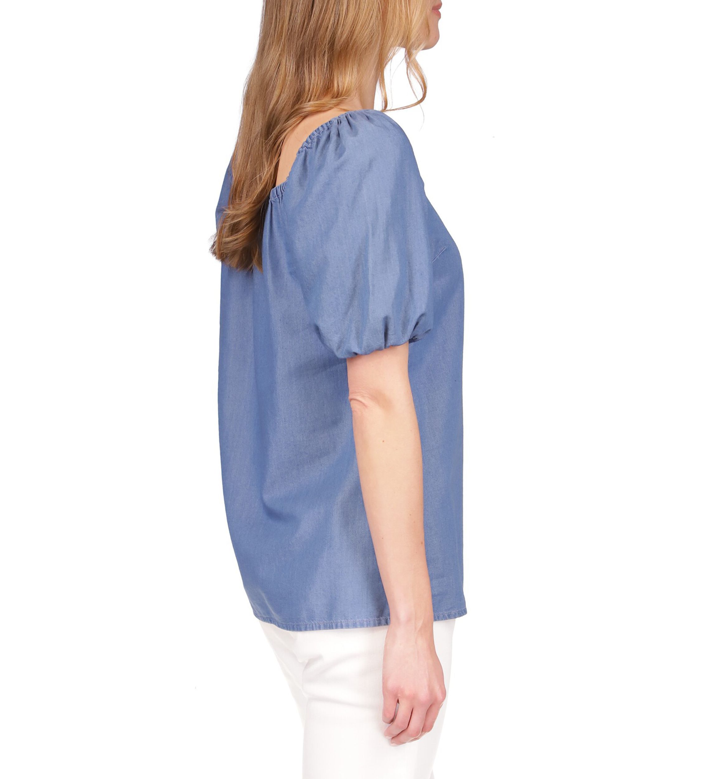 Womens Short Sleeve Chambray Square Neck Top