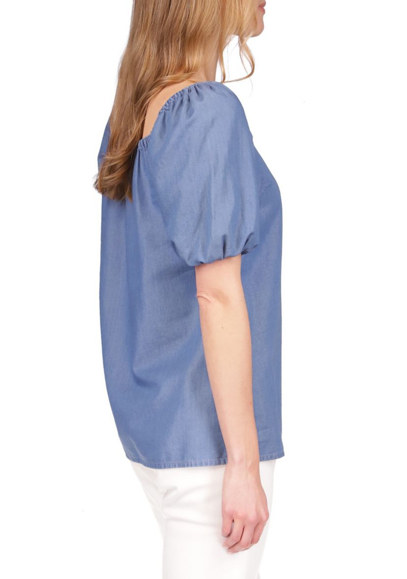 Womens Short Sleeve Chambray Square Neck Top