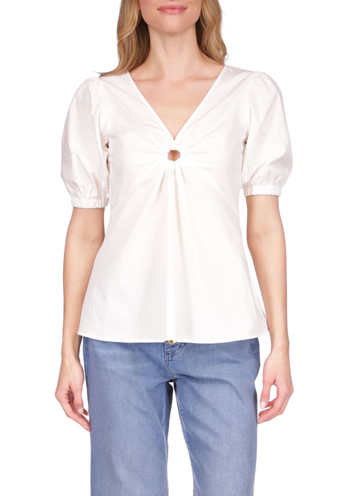 Womens Poplin V-Neck Ring Top