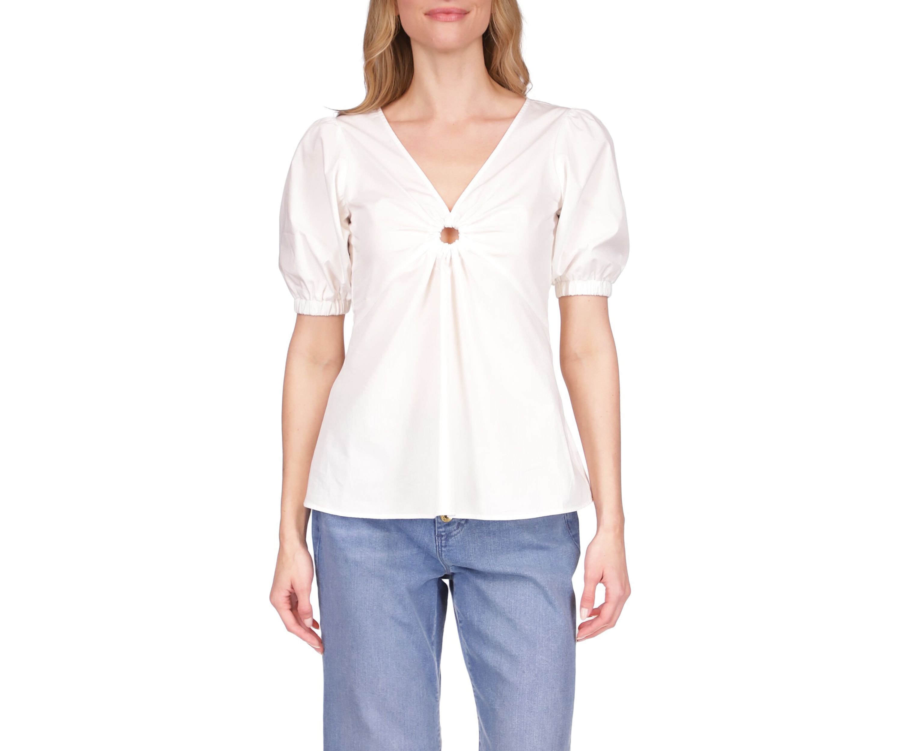 Womens Poplin V-Neck Ring Top