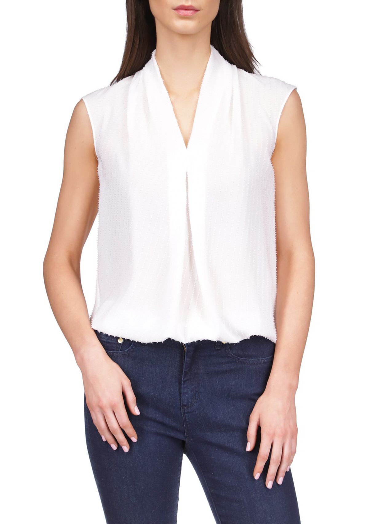 Womens Sleeveless Pinstripe Crepe Pleated Top