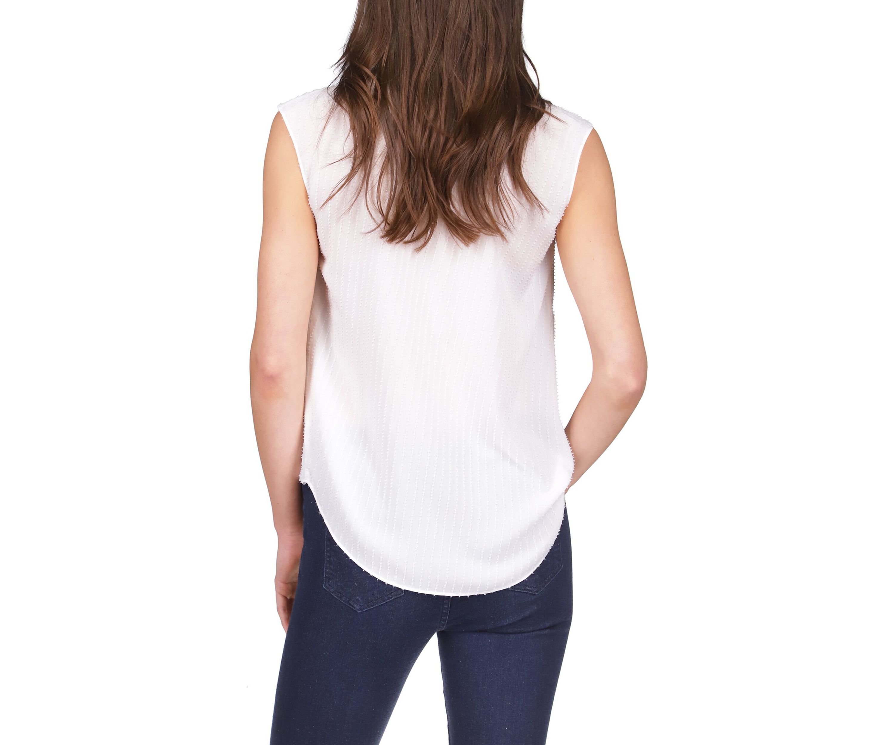 Womens Sleeveless Pinstripe Crepe Pleated Top