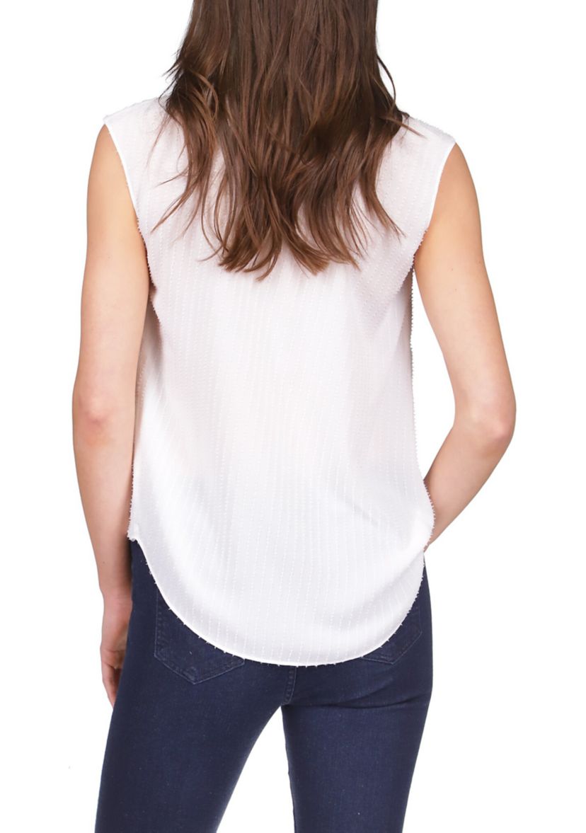 Womens Sleeveless Pinstripe Crepe Pleated Top