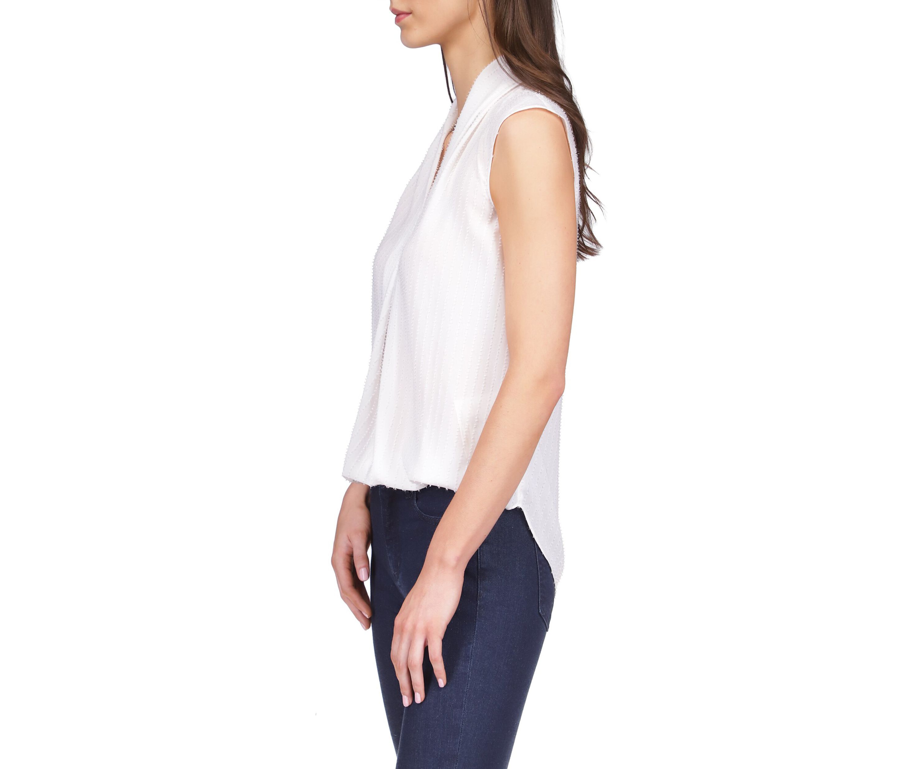 Womens Sleeveless Pinstripe Crepe Pleated Top