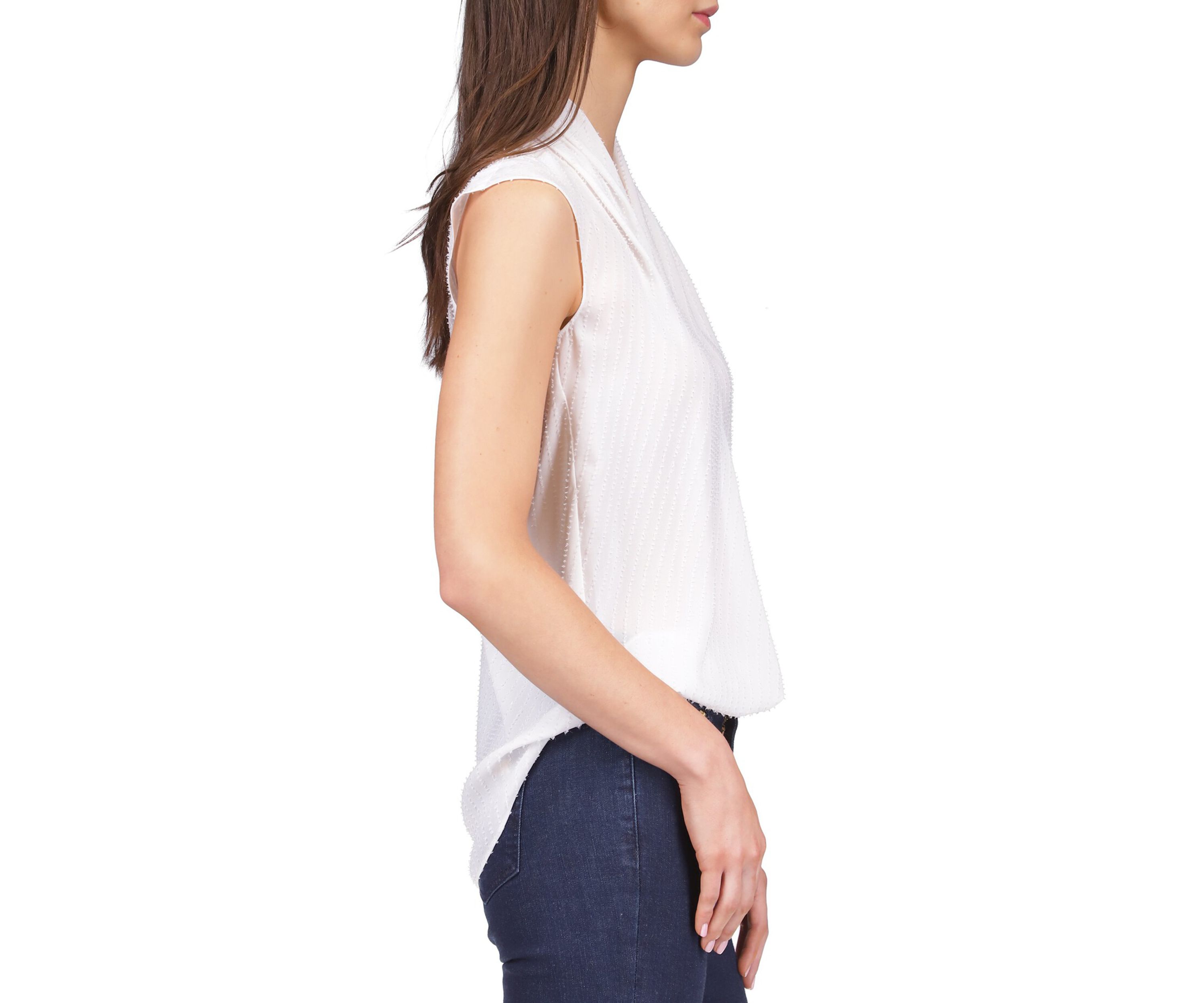 Womens Sleeveless Pinstripe Crepe Pleated Top