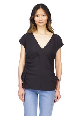 MICHAEL Michael Kors Women's Short Sleeve V-Neck Side Ruched Blouse, Black, Small