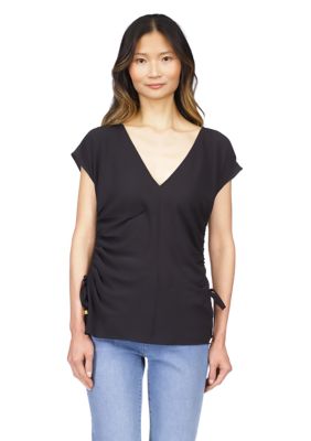 MICHAEL Michael Kors Women's Short Sleeve V-Neck Side Ruched Blouse, Black, Small -  0196237669315