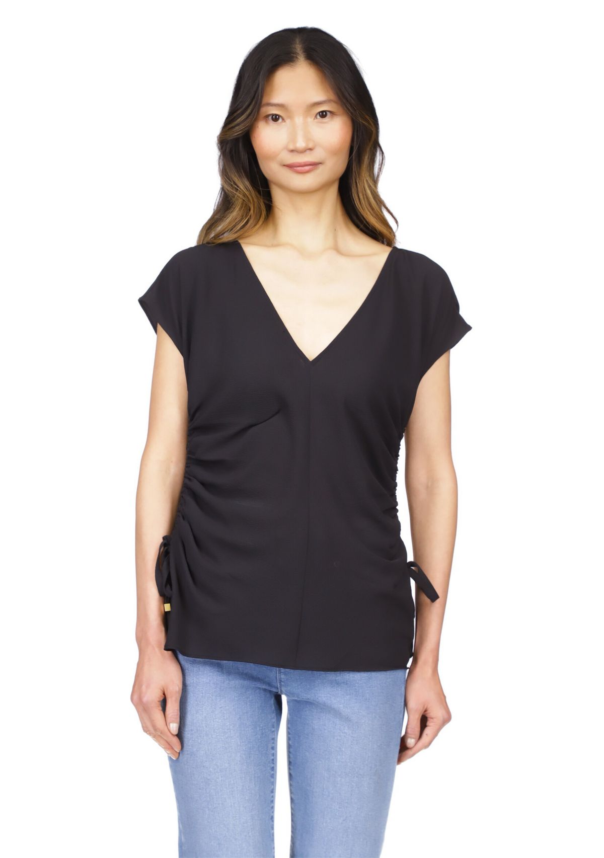Womens Short Sleeve V-Neck Side Ruched Blouse