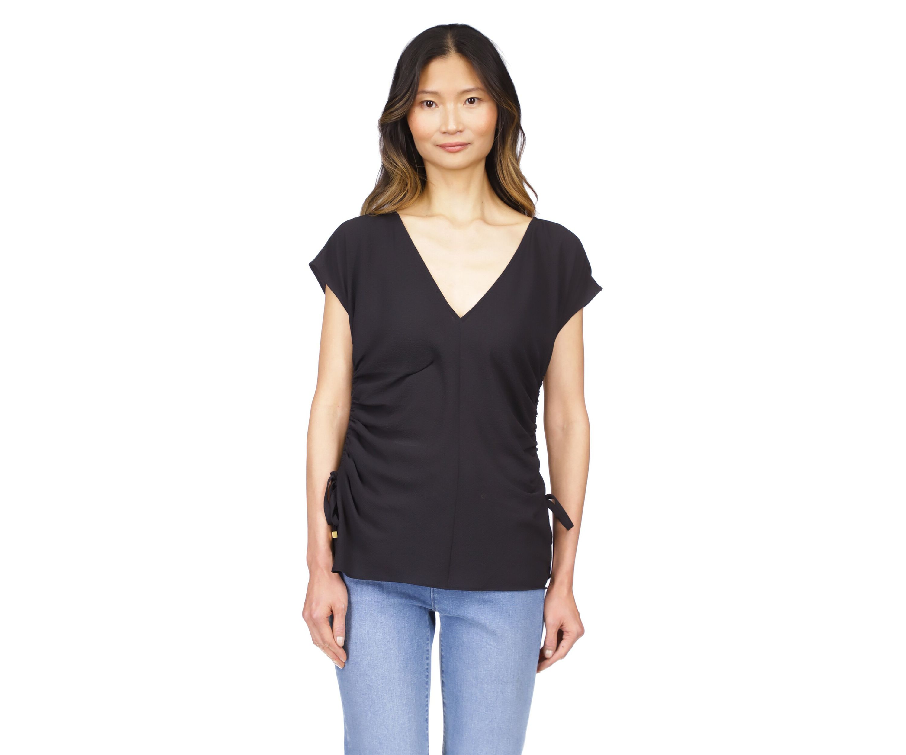 Womens Short Sleeve V-Neck Side Ruched Blouse